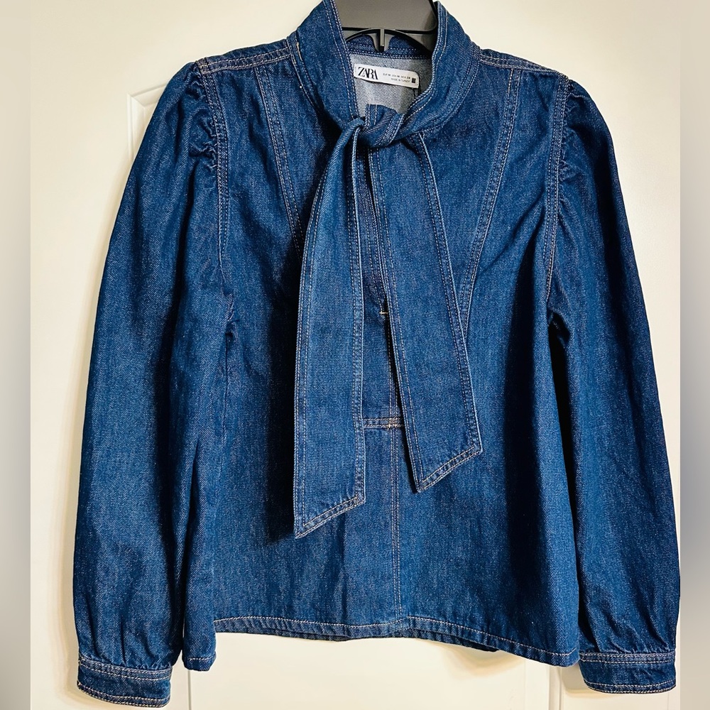 Zara Denim Blouse with Neck Tie